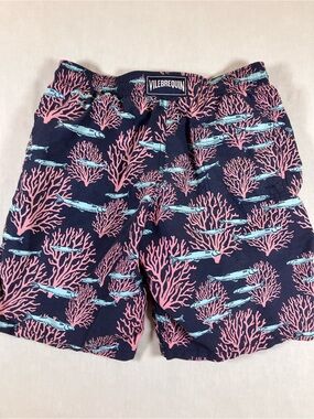 Vilebrequin Navy Swim Trunks with Pink Coral & Light Blue Fish